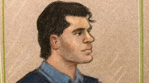 Julia Quenzler Court sketch of Daniel Khalife, who has short black hair and wears a blue shirt.