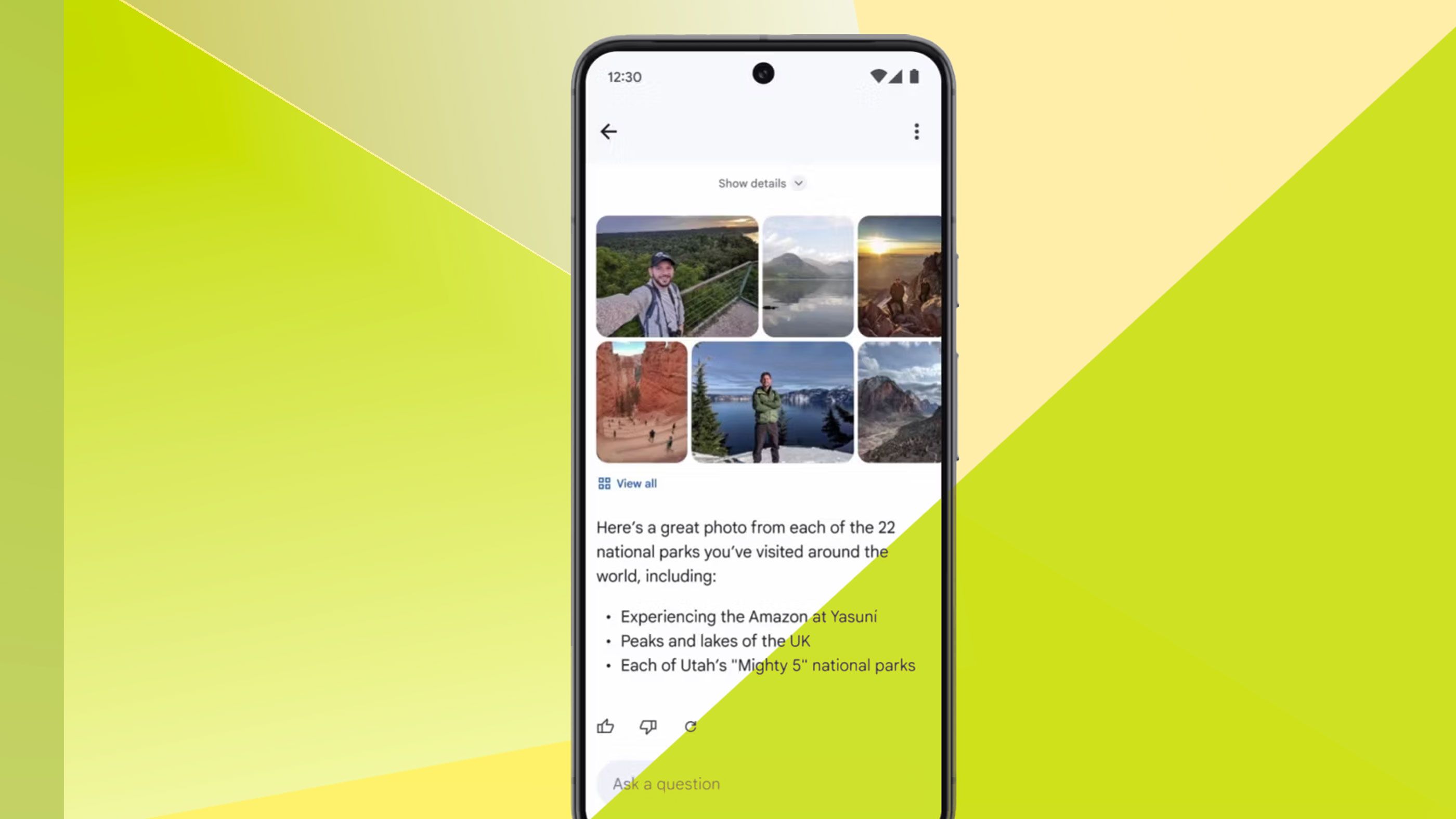 Google Ask Photos results screen with geometric background